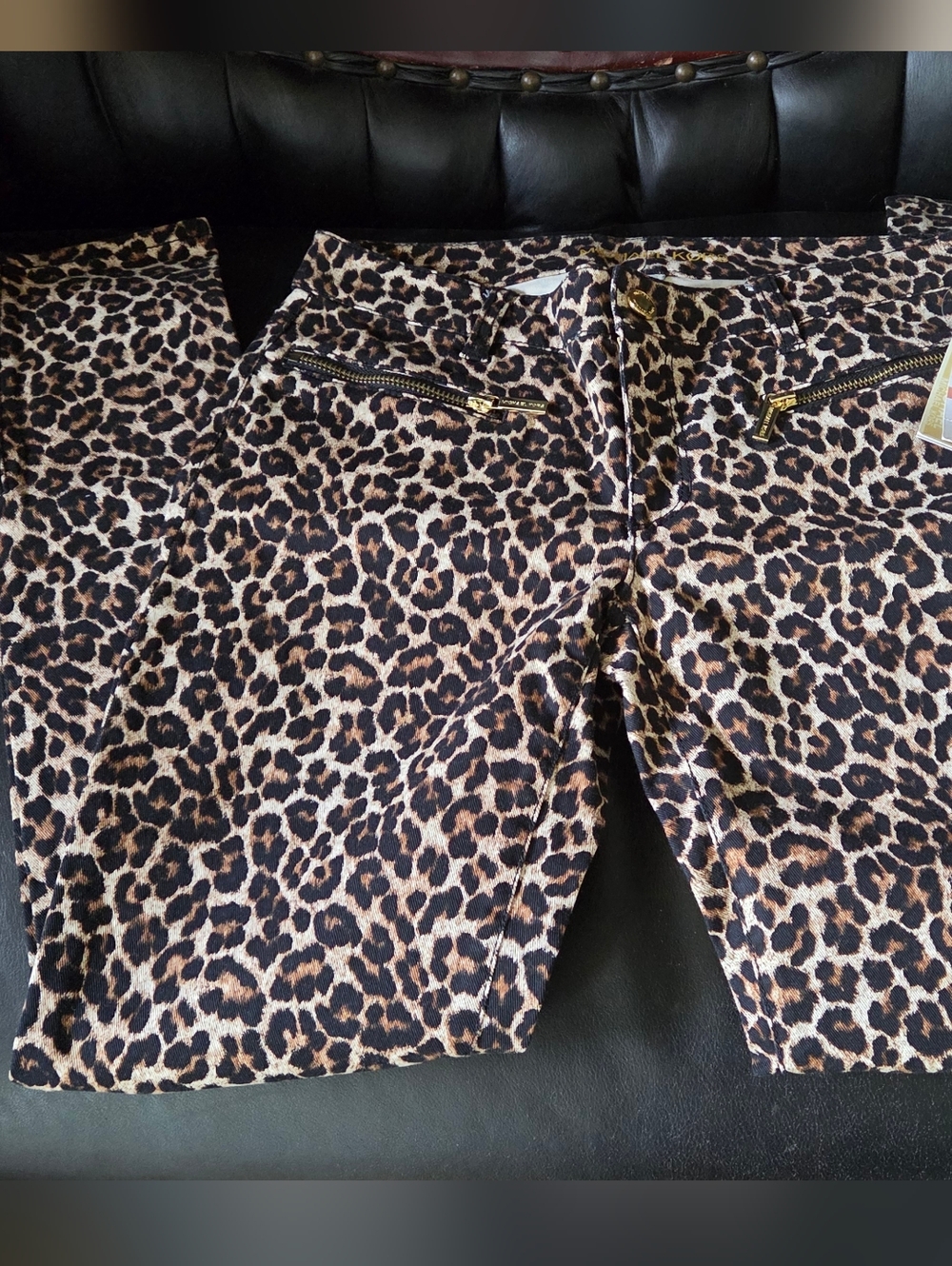 Michael Kors Leopard Print Skinny Low Rise Pants with Gold Hardware NWT
